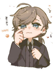 Rule 34 | 1boy, ahoge, black jacket, black necktie, black vest, blue eyes, brown hair, character name, chibi, closed mouth, collared shirt, cropped torso, ear piercing, earrings, hands up, highres, jacket, jewelry, kanae (nijisanji), kiduta cielo, long hair, long sleeves, looking at viewer, low ponytail, male focus, mole, mole under eye, necktie, nijisanji, piercing, ponytail, shirt, simple background, solo, stud earrings, tears, translation request, upper body, vest, virtual youtuber, wavy mouth, white background, white shirt