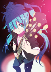 Rule 34 | 1girl, aqua eyes, aqua hair, blue hair, foreshortening, guitar, hair over one eye, hair ribbon, hatsune miku, instrument, jewelry, long hair, nagareboshi, necklace, pants, ribbon, sleeves rolled up, smile, solo, twintails, very long hair, vocaloid, wristband