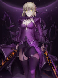 Rule 34 | 1girl, artoria pendragon (fate), blonde hair, breasts, cleavage, dark persona, dual wielding, excalibur morgan (fate), fate/grand order, fate/stay night, fate (series), garter straps, gothic lolita, highres, holding, kakekcaboel, lolita fashion, medium breasts, saber (fate), saber alter, solo, sword, weapon, yellow eyes
