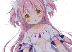 Rule 34 | 1girl, arms at sides, blurry, blurry foreground, blush, breasts, choker, cleavage cutout, close-up, clothing cutout, collarbone, depth of field, dot nose, dutch angle, frilled sleeves, frills, from below, glowing, hair between eyes, hair ribbon, highres, kaname madoka, long hair, looking at viewer, looking down, mahou shoujo madoka magica, mahou shoujo madoka magica (anime), parted lips, pink hair, ribbon, shiny skin, sidelocks, simple background, small breasts, solo, sparkle, sparkle background, tsubaki (tatajd), two side up, ultimate madoka, underboob, upper body, very long hair, white background, white choker, white ribbon, wide sleeves, yellow eyes