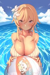 Rule 34 | absurdres, ball, beachball, blonde hair, blue eyes, breasts, cleavage, commentary request, eyelashes, eyes visible through hair, flower, genshin impact, hair flower, hair ornament, highres, huge breasts, large breasts, looking at viewer, lumine (genshin impact), ocean, paimon (genshin impact), short hair, swimsuit, wat (worldlog), wet