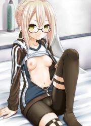 Rule 34 | 1girl, ahoge, artoria pendragon (fate), bike shorts, black-framed eyewear, black thighhighs, blonde hair, blush, braid, breasts, cameltoe, clothes lift, coat, commentary request, fate/grand order, fate (series), french braid, glasses, hood, hoodie, leg up, legwear garter, looking at viewer, mysterious heroine x alter (fate), mysterious heroine x alter (second ascension) (fate), navel, nipples, no bra, no shoes, on bed, open clothes, open coat, open hoodie, poncocchan, semi-rimless eyewear, shirt lift, short hair, sitting, small breasts, smile, solo, stomach, thighhighs, under-rim eyewear, undressing, yellow eyes
