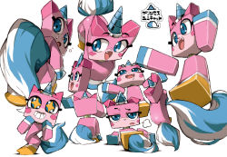 Rule 34 | 1girl, animification, blue eyes, cat, colored skin, commentary, commentary request, english commentary, glasses, happy, heart, multiple persona, no humans, open mouth, pink skin, princess unikitty, simple background, smile, solo, star-shaped pupils, star (symbol), symbol-shaped pupils, tail, the lego group, the lego movie, ysk!