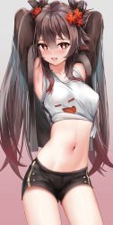 Rule 34 | 1girl, absurdres, alternate costume, armpits, blush, breasts, brown hair, casual, flower, genshin impact, ghost, hair flower, hair ornament, highres, hu tao (genshin impact), long hair, looking at viewer, open mouth, red eyes, shiny clothes, shiny skin, short shorts, shorts, skai kun, smile, solo, twintails, very long hair