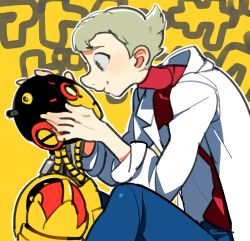 Rule 34 | 1boy, a106, atom: the beginning, blonde hair, brown eyes, copyright name, hands on own face, kinako (marubotan), lab coat, looking at another, male focus, ochanomizu hiroshi, robot, shirt, short hair, simple background, sleeves rolled up, smile, striped clothes, striped shirt, tetsuwan atom, turtleneck, yellow background