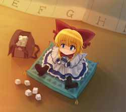 Rule 34 | 1girl, bag, blonde hair, blue eyes, boots, bow, cushion, dress, from above, hair bow, highres, jade (zbbc), long hair, looking at viewer, looking up, mini person, minigirl, shanghai doll, sitting, solo, sugar cube, touhou