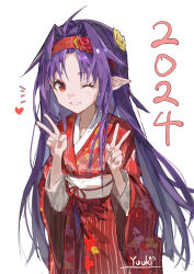 Rule 34 | 1girl, 2024, ;), absurdres, ahoge, double v, floral print, flower, hair flower, hair ornament, hairband, heart, highres, japanese clothes, kimono, long hair, looking at viewer, one eye closed, purple hair, red eyes, red hairband, red kimono, smile, solo, sword art online, v, very long hair, white background, wide sleeves, yuuki (sao), yuuki (yuuki08435994)