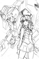 Rule 34 | 1girl, beam rifle, breasts, chall acustica, commentary request, curly hair, energy gun, graphite (medium), greyscale, gundam, gundam 00, gundam 00p, gundam plutone, highres, kumichou (ef65-1118-ef81-95), long hair, long sleeves, mecha, miniskirt, monochrome, robot, school uniform, sidelocks, skirt, small breasts, thighhighs, traditional media, wavy hair, weapon, zettai ryouiki