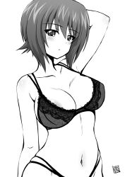 Rule 34 | 1girl, arm up, bob cut, bra, breasts, expressionless, girls und panzer, highres, kamogawa tanuki, lingerie, looking at viewer, monochrome, nishizumi maho, panties, short hair, sketch, solo, stomach, underwear