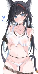 Rule 34 | 1girl, absurdres, animal ear fluff, animal ears, arknights, bare shoulders, black choker, black gloves, black hair, blaze (arknights), blue eyes, blush, breasts, cat ears, cat girl, cat tail, choker, clothes lift, collarbone, commentary request, covered erect nipples, cowboy shot, crop top, crop top overhang, gloves, gluteal fold, hairband, heart, highres, jewelry, large breasts, lifted by self, long hair, looking at viewer, lowleg, lowleg panties, midriff, navel, necklace, nipples, no pants, nui (nuinui0300), panties, parted lips, pendant, red hairband, see-through, shirt, shirt lift, simple background, solo, stomach, sweat, tail, tank top, tooth necklace, underwear, wet, wet clothes, wet shirt, white background, white panties, white tank top