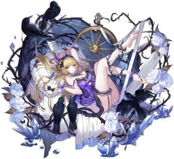 Rule 34 | 1girl, ankle cuffs, ark order, babydoll, bare legs, bare shoulders, barefoot, bed sheet, bird, black bow, blonde hair, blue eyes, blue headwear, bow, breasts, bridal garter, crow, crown, crystal, flower, full body, garter straps, hair bow, hatoyama itsuru, ice, large breasts, lingerie, long hair, looking at viewer, lying, official art, on back, open mouth, pillow, purple babydoll, rose, sleeping beauty, sleeping beauty (ark order), sleeping beauty (character), solo, spindle, spinning thread, spinning wheel, tachi-e, thorns, transparent background, underwear, white flower, white rose, wrist cuffs