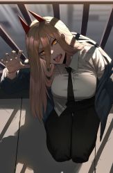 Rule 34 | 1girl, black necktie, black pants, blonde hair, blurry, blurry background, breasts, business suit, chainsaw man, collared shirt, cross-shaped pupils, crosshair pupils, demon girl, demon horns, dress shirt, formal, hair between eyes, head tilt, highres, horns, huge breasts, kneeling, large breasts, necktie, off shoulder, open mouth, outdoors, pants, power (chainsaw man), railing, ratatatat74, red horns, sharp teeth, shirt, suit, symbol-shaped pupils, teeth, tongue, tongue out, untucked shirt, white shirt