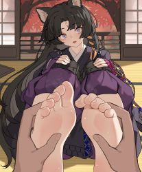 Rule 34 | 1girl, absurdres, animal ears, arknights, barefoot, black hair, feet, hands on own knees, highres, japanese clothes, long hair, looking at viewer, open mouth, purple eyes, saga (arknights), soles, steam, sweat, tatami, toes, xssh