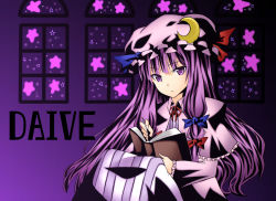 Rule 34 | 1girl, bad id, bad pixiv id, book, daive, female focus, gradient background, hat, long hair, patchouli knowledge, purple hair, ribbon, sitting, solo, touhou
