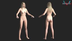 Rule 34 | 1girl, 3d, absurdres, armpits, ass, back, bare back, barefoot, birthmark, blonde hair, blue eyes, breasts, capcom, closed mouth, crotch, devil may cry (series), devil may cry 5, feet, female focus, from behind, full body, highres, kneepits, knees, legs, logo, long hair, looking to the side, medium breasts, mole, multiple views, navel, no nipples, no pussy, nude, official art, pale skin, parted bangs, simple background, standing, stomach, thighs, toes, trish (devil may cry), video game