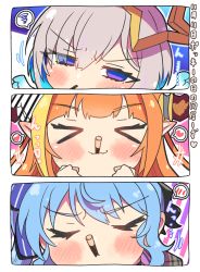Rule 34 | &gt; &lt;, 3girls, absurdres, ahoge, amane kanata, angel, angel wings, blue hair, blunt bangs, blush, border, bow, bright pupils, close-up, closed eyes, diagonal-striped bow, doukyo&#039;s, dragon girl, dragon horns, embarrassed, feathered wings, food, food in mouth, gradient eyes, hair between eyes, hair ornament, heart, highres, hololive, horn bow, horn ornament, horns, hoshimachi suisei, kiryu coco, looking at viewer, multicolored eyes, multicolored hair, multiple girls, nervous, orange hair, pocky, pocky kiss, pointy ears, pout, sakuramochi (sakura frappe), shared food, silver hair, simple background, speech bubble, spoken blush, spoken heart, spoken squiggle, squiggle, streaked hair, striped, striped bow, translation request, v-shaped eyebrows, virtual youtuber, waiting for kiss, wavy hair, white border, wings