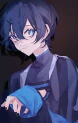 Rule 34 | 1boy, absurdres, axia krone, black background, black hair, blue eyes, closed mouth, facing away, gradient background, grey background, highres, looking at viewer, male focus, multicolored background, nail polish, nijisanji, s poi l, short hair, sleeves past wrists, smile, solo, virtual youtuber