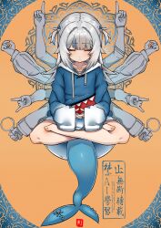 1girl absurdres blue_hair blue_jacket closed_eyes closed_mouth fins fish_tail gawr_gura gawr_gura_(1st_costume) grey_hair highres hololive hololive_english indian_style jacket johnny_(braun-kan_cafe) long_hair meditation multicolored_hair shark_girl shark_tail sitting solo tail two-tone_hair virtual_youtuber