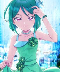 Rule 34 | 1girl, arm up, bare shoulders, bead necklace, beads, blunt ends, closed mouth, collarbone, commentary request, dress, flower, green dress, green flower, green hair, green rose, hair flower, hair ornament, happy birthday, highres, hizuki (hiduki6121), jewelry, kiratto pri chan, looking at viewer, midorikawa sara, necklace, pink eyes, pretty series, rose, short hair, skirt hold, sleeveless, sleeveless dress, smile, solo, sparkle, wet, wet clothes
