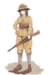 Rule 34 | 1girl, absurdres, black hair, bolt action, carcano, commentary, commission, english commentary, full body, goggles, goggles on headwear, gun, hand on own hip, helmet, highres, holding, holding gun, holding weapon, italy, long hair, military, military uniform, original, pith helmet, pixiv commission, puttees, rifle, solo, unicron (brous), uniform, weapon, weapon request, white background, world war ii