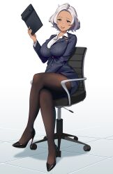 Rule 34 | 1girl, :d, absurdres, black jacket, blazer, breasts, brown pantyhose, chair, clipboard, crossed legs, dark-skinned female, dark skin, forehead, full body, green eyes, gundam, gundam suisei no majo, high heels, highres, holding, holding clipboard, jacket, large breasts, office chair, office lady, open mouth, pantyhose, pencil skirt, pumps, red soles, secelia dote, shirt, shoes, short hair, sitting, skirt, smile, solo, stiletto heels, swivel chair, tile floor, tiles, white hair, white shirt, xiao qi