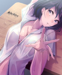 Rule 34 | 1girl, arm up, artist name, bad id, bad pixiv id, black hair, blush, bra, breasts, cleavage, collarbone, collared shirt, desk, earrings, fingernails, foreshortening, head tilt, highres, jewelry, large breasts, long fingernails, navel, open mouth, original, pecolondon, pink bra, purple eyes, see-through, shirt, short hair, short sleeves, solo, stomach, stud earrings, sweatdrop, underwear, upper body, white shirt, wing collar