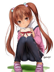 Rule 34 | 1girl, akino shuu, black pants, blush, box, brown eyes, brown hair, closed mouth, gift, gift box, hair between eyes, heart-shaped box, holding, holding gift, kantai collection, libeccio (kancolle), long hair, long sleeves, official alternate costume, pants, pink footwear, shoes, smile, sneakers, solo, twintails, twitter username, white background