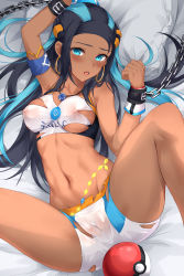 Rule 34 | 1girl, absurdres, armband, armlet, armpits, bare shoulders, bed sheet, belly chain, bike shorts, bikini, black hair, blue eyes, blue hair, blush, breasts, cameltoe, chain, chinese commentary, cleft of venus, clenched hands, collarbone, commentary request, covered erect nipples, creatures (company), cuffed, dark-skinned female, dark skin, devil heavens, dynamax band, earrings, game freak, groin, gym leader, hair bun, highres, hoop earrings, indoors, jewelry, long hair, looking at viewer, lying, medium breasts, multicolored hair, navel, necklace, nessa (pokemon), nintendo, on back, open mouth, pillow, poke ball, poke ball (basic), pokemon, pokemon swsh, restrained, see-through, shadow, shorts, sidelocks, single hair bun, solo, stomach, sweat, swimsuit, tankini, teeth, torn clothes, torn shorts, two-tone hair, upper teeth only, white bikini, white shorts