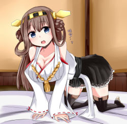 Rule 34 | 10s, 1girl, :o, all fours, bad id, bad pixiv id, blue eyes, boots, breasts, brown hair, hanging breasts, huge breasts, kantai collection, kongou (kancolle), large breasts, long hair, naigou, neneru, open mouth, ribbon-trimmed sleeves, ribbon trim, solo, thigh boots, thighhighs, translated