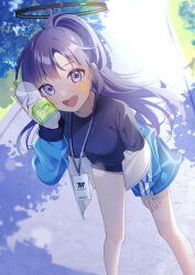 Rule 34 | 1girl, black shirt, blue archive, blue jacket, blush, bottle, breasts, buruma, day, feet out of frame, halo, hand up, highres, holding, holding bottle, jacket, kurape (pat1na), lanyard, leaning forward, lens flare, long hair, looking at viewer, off shoulder, open clothes, open jacket, open mouth, outdoors, ponytail, purple eyes, shirt, small breasts, smile, solo, standing, sticker on face, sweat, yuuka (blue archive), yuuka (track) (blue archive)