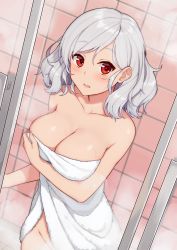 Rule 34 | 1girl, bare shoulders, bathroom, blush, breasts, cleavage, collarbone, female focus, from above, girls&#039; frontline, highres, indoors, large breasts, looking at viewer, medium hair, naked towel, out-of-frame censoring, parted lips, red eyes, silver hair, solo, spas-12 (girls&#039; frontline), steam, terras, tile floor, tile wall, tiles, towel, wet