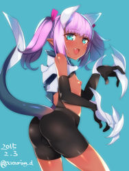 Rule 34 | 1boy, animal ears, armor, ass, bad id, bad pixiv id, bike shorts, blue eyes, blush, claws, dark-skinned male, dark skin, elbow gloves, fang, gloves, hair ribbon, highres, kyuuso inukami, male focus, nipples, original, pink hair, pointy ears, ribbon, solo, tail, trap, twintails
