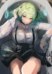 Rule 34 | 1girl, absurdres, antlers, bathtub, black choker, black panties, black ribbon, black skirt, breasts, ceres fauna, ceres fauna (jirai kei), choker, cleavage, collarbone, green hair, hair between eyes, hair ribbon, highres, hololive, hololive english, horns, large breasts, midorimae, mole, mole under eye, mouth under water, orange eyes, panties, partially submerged, ribbon, shirt, skirt, smile, solo, suspender skirt, suspenders, thighs, underwear, virtual youtuber, wet, wet clothes, wet shirt, white ribbon, white shirt