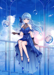 Rule 34 | 1girl, bare shoulders, black gloves, blue dress, blue eyes, blue footwear, blue hair, blue sky, braid, breasts, cleavage, closed mouth, cloud, collarbone, commentary request, copyright request, covered collarbone, day, dress, fishnet pantyhose, fishnets, floating hair, gloves, hair between eyes, highres, large breasts, long hair, on railing, pantyhose, railing, satsuki yukimi, see-through, shoes, single leg pantyhose, sitting, sky, sleeveless, sleeveless dress, smile, solo, very long hair, virtual youtuber