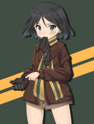 Rule 34 | 10s, 1girl, a9b (louis814), absurdres, bandages, bandage on face, black hair, blue eyes, blush, bomber jacket, brave witches, gloves, highres, jacket, kanno naoe, looking at viewer, mouth hold, putting on gloves, scarf, short hair, solo, world witches series