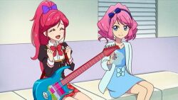 Rule 34 | 2girls, aikatsu! (series), aikatsu on parade!, couch, guitar, instrument, multiple girls, otoshiro seira, pink hair, ponytail, red hair, sakuraba rola