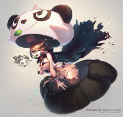 Rule 34 | 1girl, blue n, bra, breasts, brown hair, cape, character request, cleavage, costume, creatures (company), fang, game freak, gen 6 pokemon, large breasts, leaf, nintendo, one eye closed, pancham, personification, pokemon, pokemon (creature), short hair, stuffed animal, stuffed toy, thighs, underwear