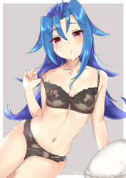 Rule 34 | 1girl, arm support, artist request, bare legs, black panties, blue hair, blush, bra, breasts, highres, kamishiro rio, long hair, looking at viewer, multicolored hair, nipples, panties, pillow, red eyes, see-through, shiny skin, small breasts, solo, two-tone hair, underwear, yu-gi-oh!, yu-gi-oh! zexal