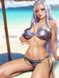Rule 34 | 1girl, beach, bikini, blue eyes, breasts, cleavage, fairy tail, large breasts, long hair, looking at viewer, mirajane strauss, navel, non-web source, resolution mismatch, sand, silver bikini, source larger, source request, swimsuit, water, white hair, yiqiang