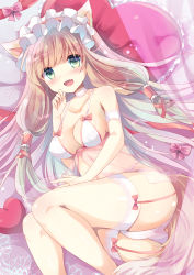 Rule 34 | 1girl, :d, animal ears, ass, babydoll, bare shoulders, bed sheet, blush, bow, breasts, brown hair, cleavage, collarbone, commentary request, fang, garter straps, green hair, hand up, heart, heart-shaped pillow, kuriyuzu kuryuu, long hair, looking at viewer, lying, maho (princess connect!), medium breasts, on side, open mouth, panties, pillow, pink bow, princess connect!, see-through, smile, solo, tail, thighhighs, underwear, underwear only, very long hair, white panties, white thighhighs
