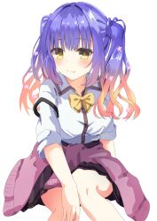 Rule 34 | 1girl, arm at side, blue hair, blush, closed mouth, clothes around waist, commentary, eyelashes, feet out of frame, flower, gradient hair, gyaru, hair between eyes, hair flower, hair ornament, hand on own knee, highres, kogal, kohibari kurumi, long hair, long sleeves, looking at viewer, multicolored hair, orange hair, pink flower, pink sweater, pnsk4125, school uniform, shirt, simple background, sitting, skirt, sleeves rolled up, smile, solo, split mouth, strap slip, suspender skirt, suspenders, sweater, tenshi souzou re-boot!, twintails, white background, white shirt