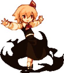 Rule 34 | 1girl, black footwear, black skirt, black vest, blonde hair, collared shirt, darkness, frilled skirt, frills, hair ribbon, long sleeves, mary janes, medium hair, necktie, outstretched arms, pixel art, red eyes, red necktie, red ribbon, ribbon, rrrssr, rumia, shirt, shoes, simple background, skirt, smile, socks, solo, spread arms, touhou, umbrakinesis, vest