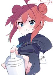 Rule 34 | absurdres, ahoge, blue archive, blue eyes, blue necktie, double bun, hair bun, halo, highres, holding, hood, hood down, hooded jacket, id card, jacket, long sleeves, maki (blue archive), necktie, paint on clothes, penguin potof, red hair, short hair, sidelocks, spray can, spray paint, upper body, white background