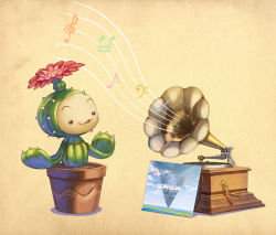 Rule 34 | absurdres, anbe yoshirou, brown background, cactus, commentary request, creature, flower, flower pot, highres, lil&#039; cactus, looking to the side, music, musical note, no humans, open mouth, phonograph, plant, potted plant, record, record jacket, seiken densetsu, seiken densetsu 3, smile, solo