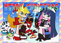 Rule 34 | 10s, 2girls, antlers, black santa costume, christmas, chuck (psg), gainax, gainaxtop, ghost (psg), gun, honekoneko, horns, imaishi hiroyuki, multiple girls, official art, official style, panty &amp; stocking with garterbelt, panty (psg), santa claus, santa costume, siblings, single thighhigh, sisters, snow, stocking (psg), striped clothes, striped thighhighs, sword, thighhighs, weapon
