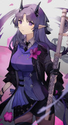 Rule 34 | 1girl, absurdres, arknights, black coat, black necktie, black skirt, bracelet, breasts, brown pantyhose, closed mouth, coat, cowboy shot, eyebrows hidden by hair, finger cots, flower, flute, glint, hibiscus, hibiscus (arknights), hibiscus the purifier (arknights), highres, holding, holding instrument, horns, instrument, jacket, jewelry, large breasts, long hair, long sleeves, looking at viewer, miniskirt, name connection, necktie, object namesake, open clothes, open coat, pantyhose, parted bangs, pink flower, pointy ears, purple eyes, purple hair, purple jacket, rippajun, skirt, solo