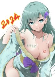 Rule 34 | 1girl, 2024, absurdres, alternate costume, aqua eyes, aqua hair, aqua kimono, bare shoulders, body writing, breasts, cleavage, closed mouth, commentary request, flower, hair between eyes, hair flower, hair ornament, hairclip, highres, honma (honmatomohiro), japanese clothes, kantai collection, kimono, large breasts, long hair, looking at viewer, new year, obi, off shoulder, purple flower, sash, smile, solo, suzuya (kancolle), white background, wide sleeves