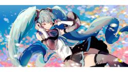 Rule 34 | 1girl, aqua hair, aqua necktie, black skirt, black thighhighs, blue background, cake mogo, commentary, detached sleeves, english commentary, closed eyes, feet out of frame, hands on headphones, hatsune miku, hatsune miku (nt), headphones, long hair, necktie, shirt, skirt, sleeveless, sleeveless shirt, solo, thighhighs, very long hair, vocaloid, white shirt