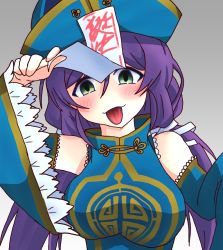 Rule 34 | 1girl, :p, aqua eyes, artist name, artist request, bandaged leg, bandages, bare shoulders, blush, china dress, chinese clothes, detached sleeves, dress, female focus, frilled sleeves, frills, green eyes, grey background, hair tie, hat, hitodama, jiangshi, long hair, looking at viewer, love live!, love live! school idol festival, love live! school idol project, low twintails, ofuda, parted bangs, purple hair, slippers, smile, solo, tongue, tongue out, tojo nozomi, twintails, very long hair, very long sleeves, wide sleeves