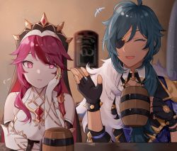 Rule 34 | 1boy, 1girl, alcohol, bare shoulders, beer mug, black gloves, blue hair, cup, drink, elbow gloves, eyepatch, closed eyes, fingerless gloves, fur trim, genshin impact, gloves, half-closed eyes, highres, holding, holding cup, kaeya (genshin impact), long hair, low ponytail, mug, open mouth, parted lips, purple eyes, purple hair, rosaria (genshin impact), sitting, smile, spikes, tan, veil, white gloves, younomiti